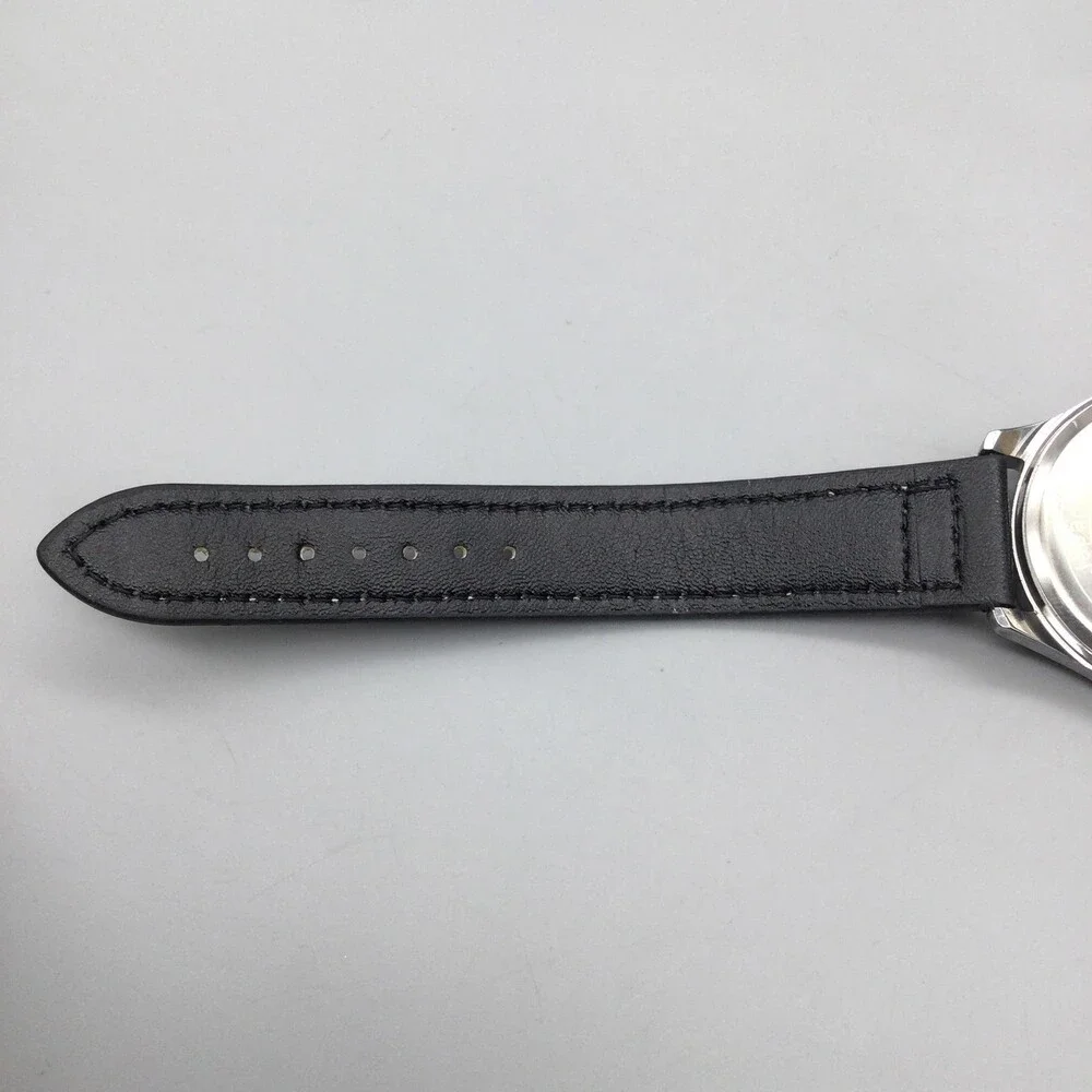 Vince Camuto Mens Watch 42mm Silver Tone Blue Dial Black Faux Leather 3ATM